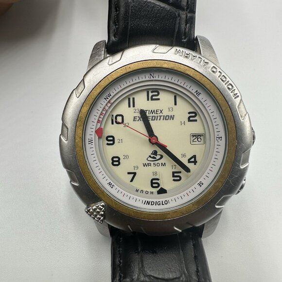 Timex Expedition Watch Men Silver Tone Indiglo Alarm Black Leather Band Works 9" - Picture 1 of 13